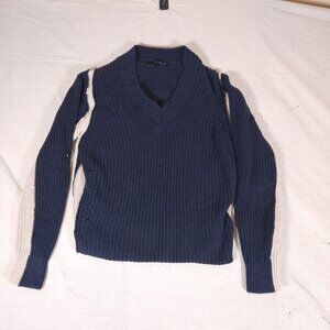 360 Sweater Knit V-Neck Sweater Womens Large Blue Light Tan Side Perforations
